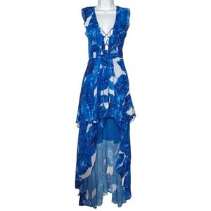 LUXXEL Blue Leaf Tropical Print Lace Up Ruffle High Low Maxi Dress Small